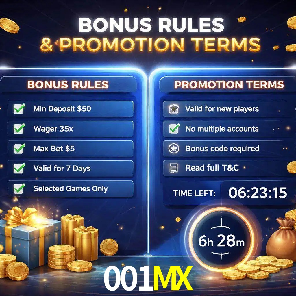 Reglas de promoción 001MX y condiciones de bonos explicadas visualmente