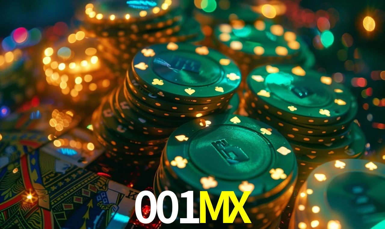 Una escena digital vívida inspirada en casino con 001MX mostrado prominentemente, luces brillantes, fichas, cartas y acentos dorados.
